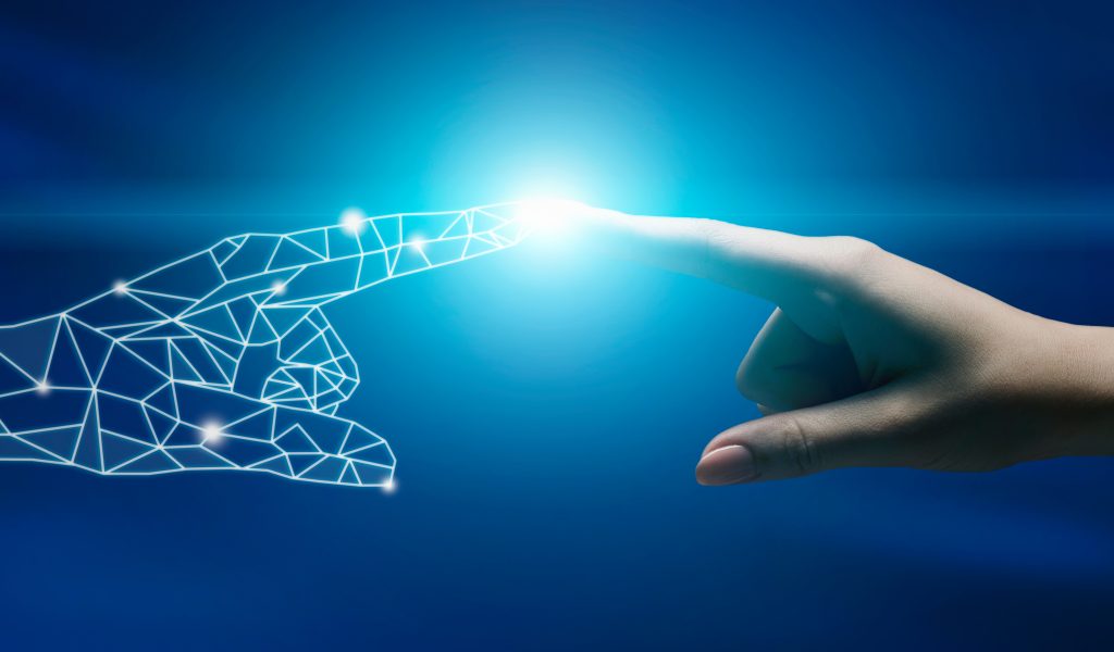 Science Concept. Human And Robot Hands Reaching Each Other Science Concept. Human And Robot Hands Reaching Each Other Over Blue Background