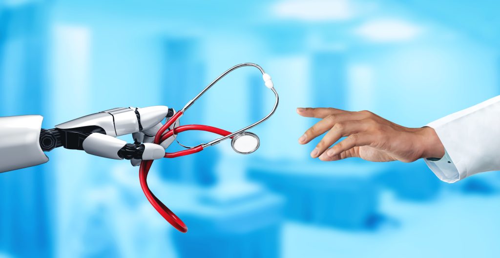 3D rendering medical artificial intelligence robot working in future hospital. Futuristic prosthetic healthcare for patient and biomedical technology concept. 3D rendering medical artificial intelligence robot working in future hospital. Futuristic prosthetic healthcare for patient and biomedical technology concept.