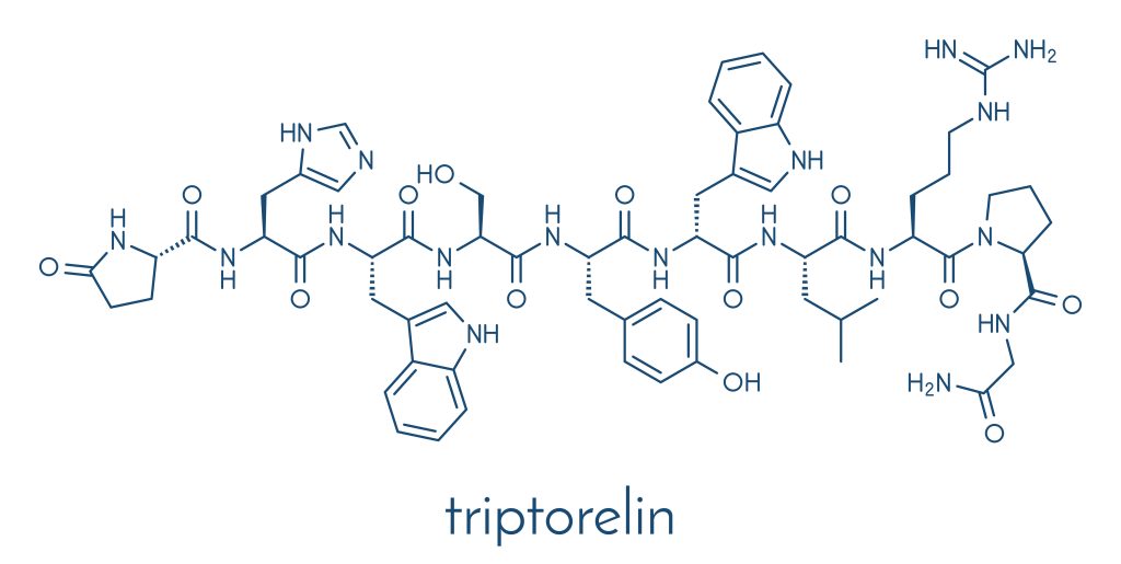 Triptorelin gonadotropin releasing hormone agonist drug molecule. Skeletal formula. Triptorelin gonadotropin releasing hormone agonist drug molecule. Skeletal formula.