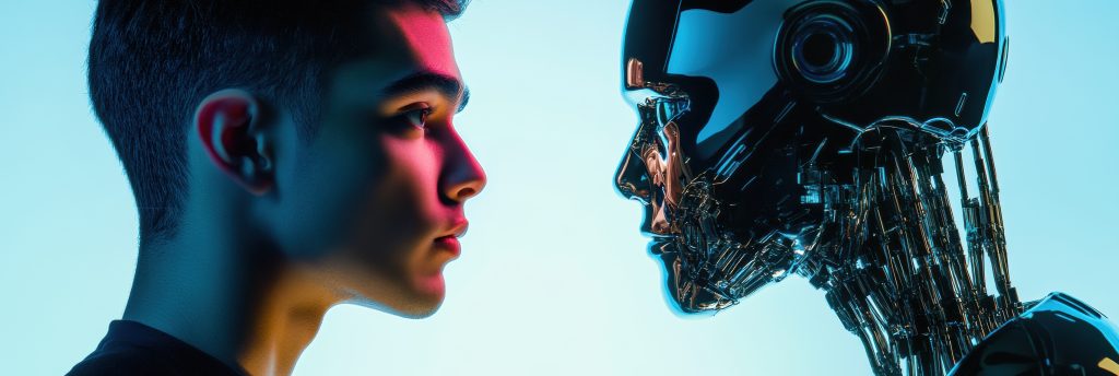 A human interacts with a digital mirror that displays a lifelike robot reflection, highlighting technology’s evolution in a modern environment. Generative AI A human interacts with a digital mirror that displays a lifelike robot reflection, highlighting technology's evolution in a modern environment.