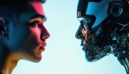 A human interacts with a digital mirror that displays a lifelike robot reflection, highlighting technology’s evolution in a modern environment. Generative AI A human interacts with a digital mirror that displays a lifelike robot reflection, highlighting technology's evolution in a modern environment.