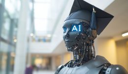 AI robot wearing a graduate cap graduated from university, artificial intelligence is replacing and displacing humans AI robot wearing a graduate cap graduated from university, artificial intelligence is replacing and displacing humans