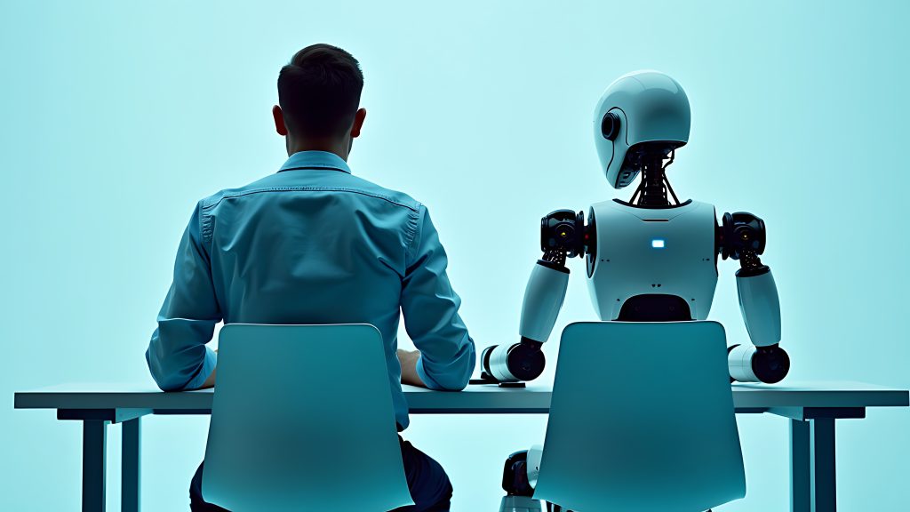Rearview of the businessman in an elegant suit sitting in a chair next to the white robot cyborg in a studio. AI or artificial intelligence vs people, employment concept,working on a laptop Rearview of the businessman in an elegant suit sitting in a chair next to the white robot cyborg in a studio. AI or artificial intelligence vs people, employment concept,working on a laptop
