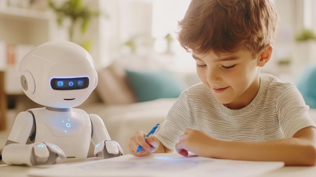 A schoolboy interacts with a social robot while doing homework at home, AI companionship concept A schoolboy interacts with a social robot while doing homework at home, AI companionship concept.