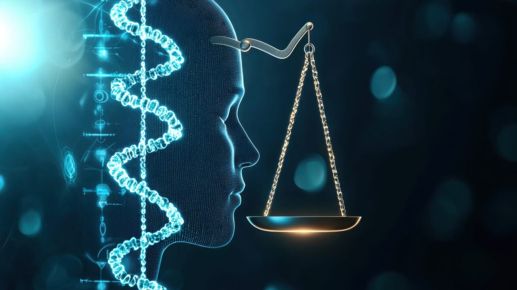 A digital illustration depicting a human silhouette with DNA strands and a justice scale, symbolizing the connection between law and bioethics.