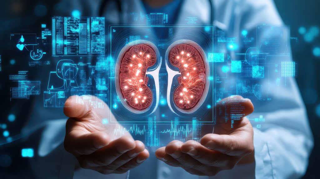 Close-up of hands and digital human kidneys illustration, surrounded by blue medical charts and graphs Close-up of hands and digital human kidneys illustration, surrounded by blue medical charts and graphs