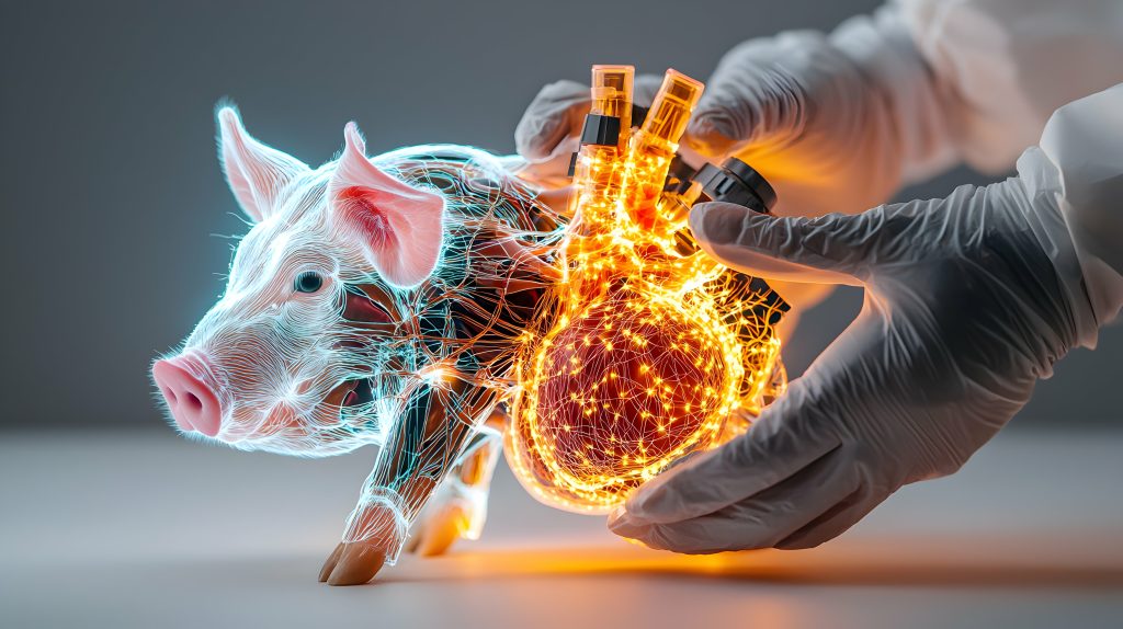 A glowing pig with a highlighted circulatory system and a glowing heart being held by gloved hands. Suggests medical research or xenotransplantation.