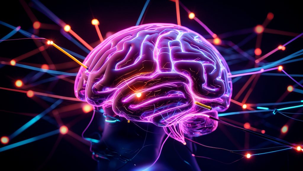 Stunning 3d neon brain visualization with luminous connections Stunning 3d neon brain visualization with luminous connections.