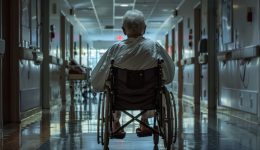 A man in a wheelchair is sitting in a hospital hallway