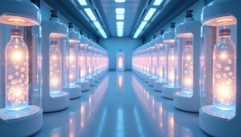 Cryopreservation Lab: Frozen Embryos or Stem Cells. Ideal for illustrating articles on fertility treatments, genetic research, medical breakthroughs, or the future of biotechnology