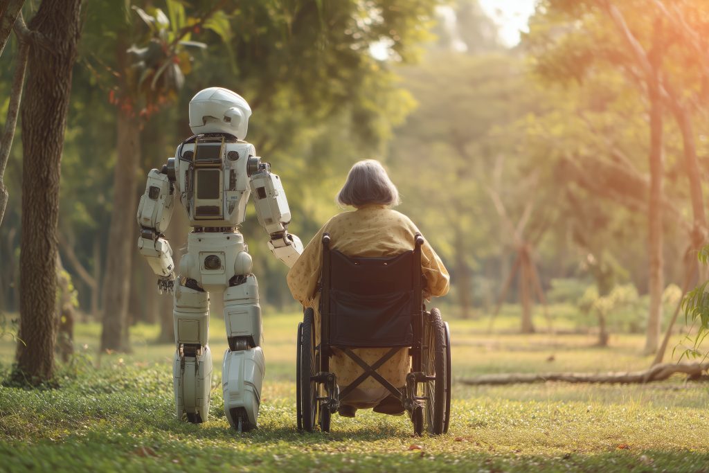 Android robot caregiver assisting an elderly person in a wheelchair walking in park, concept of AI Artificial intelligence healthcare, robotic caregiving, elderly care, and medical technology.