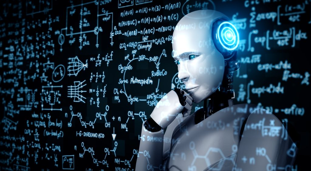 Thinking AI humanoid robot analyzing screen of mathematics formula and science Thinking AI humanoid robot analyzing screen of mathematics formula and science equation by using artificial intelligence and machine learning process for the 4th industrial revolution. 3D illustration