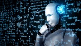 Thinking AI humanoid robot analyzing screen of mathematics formula and science equation by using artificial intelligence and machine learning process for the 4th industrial revolution. 3D illustration