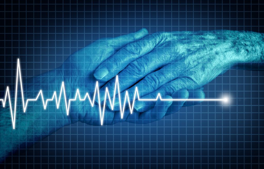 Euthanasia terminally ill patient ending of life concept as a medical Intervention to end pain and suffering as a health care symbol as the hand of an elderly person with an ecg or ekg flatline on a monitor graph in a 3D illustration style.