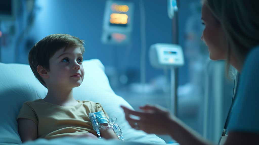 A young child is resting in a hospital bed, receiving medical attention with an IV in place while engaging in a supportive conversation with a nurse