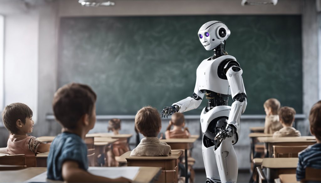 Science and artificial intelligence technology taught by humanoid education robot teacher in front of a school classroom chalkboard Science and artificial intelligence technology taught by humanoid education robot teacher in front of a school classroom chalkboard