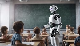 Science and artificial intelligence technology taught by humanoid education robot teacher in front of a school classroom chalkboard