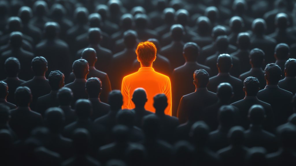 A solitary illuminated figure in vibrant orange stands out in a sea of faceless statues, symbolizing uniqueness and individuality amidst conformity.