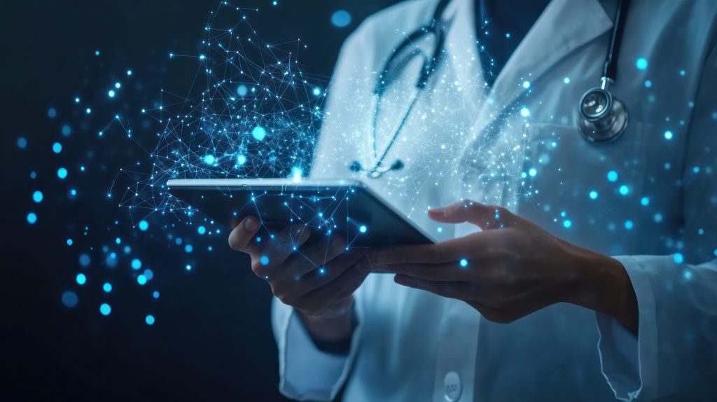 Healthcare professional wea white coat and stethoscope using digital tablet with holographic medical data and futuristic technology in a clinical environment Healthcare professional wearing white coat and stethoscope using digital tablet with holographic medical data and futuristic technology in a clinical environment.