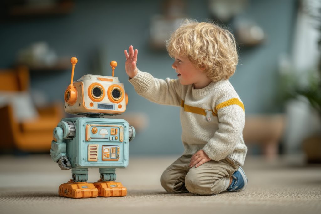 A curious toddler interacts playfully with a vintage-inspired robot toy on the floor, fostering imagination and wonder in a cozy home setting. generated by AI