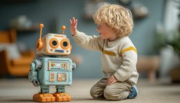 A curious toddler interacts playfully with a vintage-inspired robot toy on the floor, fostering imagination and wonder in a cozy home setting. generated by AI