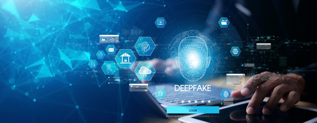 Deepfake concept ,Facial tracking, detection and recognition technology, Security system. Cyber security and Security password login online concept. Deepfake concept ,Facial tracking, detection and recognition technology, Security system. Cyber security and Security password login online concept.