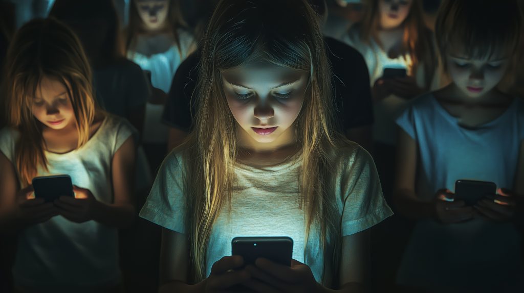 Cellphone addict, teenager excess of social media, children mobile phone screen dependency.