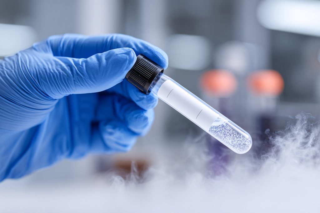 Gloved hands hold a vial with cryopreserved eggs, highlighting fertility preservation.