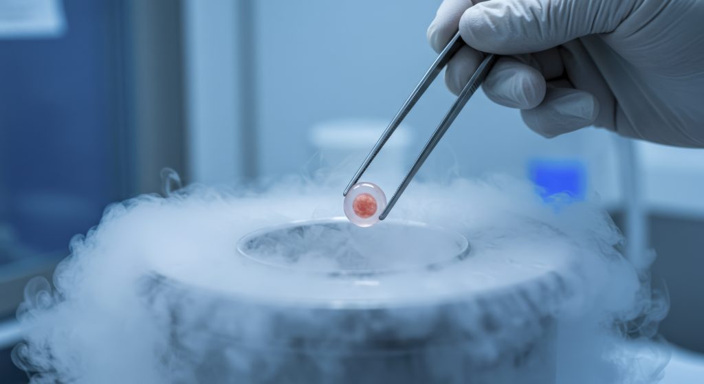 Hand with Glove Using Tweezers Holds Egg Cell Over Container with Liquid Nitrogen and Smoke A gloved hand holds tweezers, gripping an egg cell above a liquid nitrogen container filled with vapor. The cell is suspended in a delicate and controlled manner, showcasing the sensitive processes involved in cryopreservation and storage. The scene emphasizes scientific research, technology, and reproductive health.