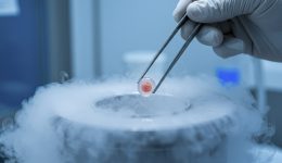 A gloved hand holds tweezers, gripping an egg cell above a liquid nitrogen container filled with vapor. The cell is suspended in a delicate and controlled manner, showcasing the sensitive processes involved in cryopreservation and storage. The scene emphasizes scientific research, technology, and reproductive health.